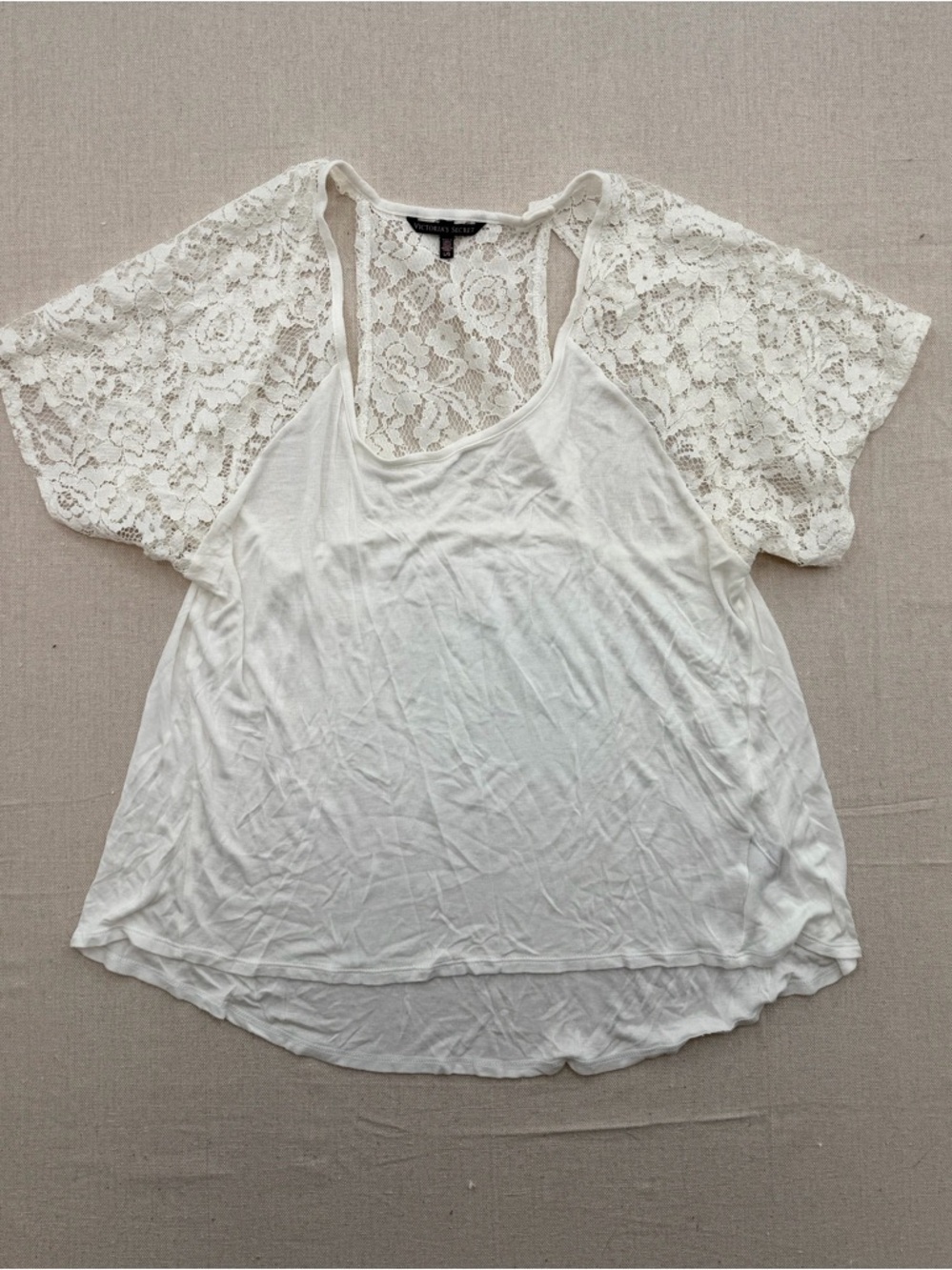 Victoria's Secret Cream Scoop Neck Lace-Sleeve Tee